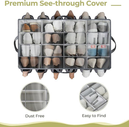 Extra Large Shoe Organizer for Closet, Fits up to 28 Pairs, Fabric Shoe Box Storage Containers with Adjustable Dividers and Clear Cover, Grey, 1 Pack