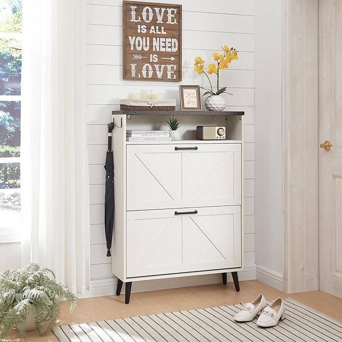 Barnyatoh Shoe Storage Cabinet,Farmhouse Shoe Organizer with 2 Flip Drawers & Barn Door Design,Freestanding Hidden Slim Narrow Shoe Rack Cabinet with Open Storage for Entryway, Foyer,Antique White