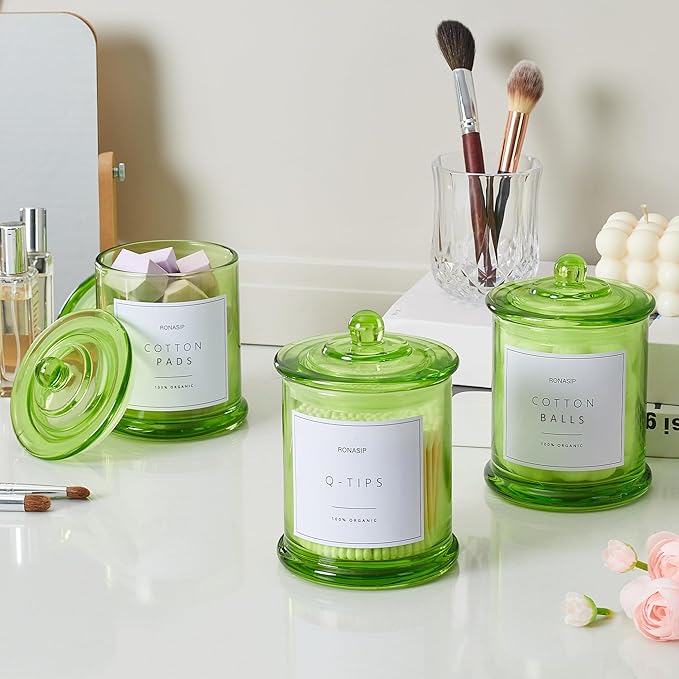 Ronasip 3 Pack Green Qtip Holder Dispenser, 16oz Bathroom Organizer and Storage Canisters, Glass Apothecary Jars with Lid - Home Decor, Room Decor Aesthetic