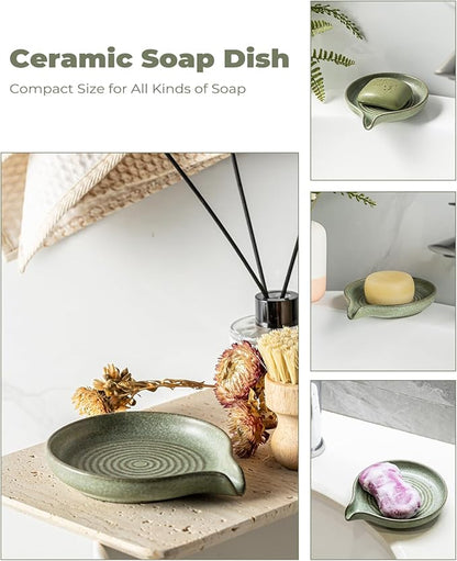 Soap Dishes, Ceramic Shower Soap Dish with Waterfall Design Bar Soap Holder Self Draining Soap Saver for Shower, Bathroom, Sink, Kitchen and Countertop, Green