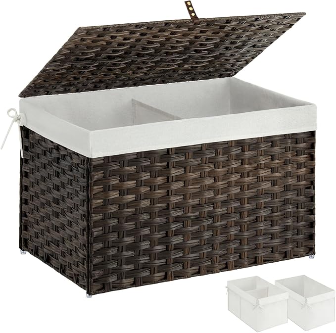 Greenstell Storage Basket with Lid, 105L Large Wicker Basket with Lid, Handwoven Blanket Storage Basket with Handles, Removable Cotton Liner, Metal Frame, Foldable for Bedroom, Laundry Room, Brown