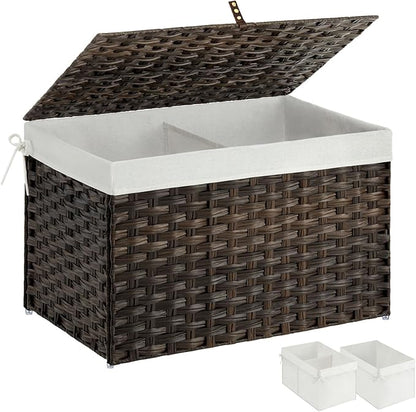 Greenstell Storage Basket with Lid, 105L Large Wicker Basket with Lid, Handwoven Blanket Storage Basket with Handles, Removable Cotton Liner, Metal Frame, Foldable for Bedroom, Laundry Room, Brown