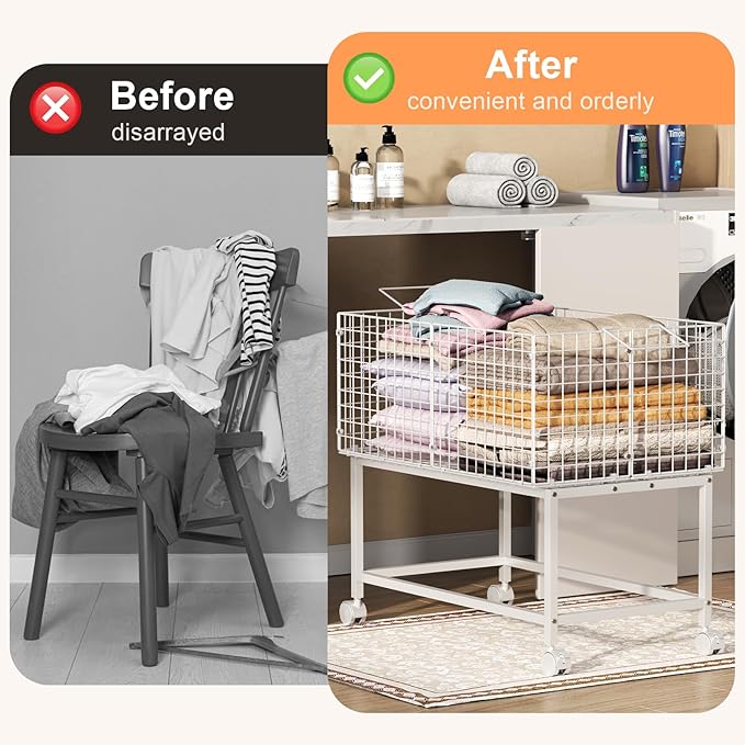 Large Rolling Laundry Basket Cart,Wire Laundry Hamper Cart with Handle and Wheels,White High Laundry Hamper for Laundry Room,Bedroom and Bathroom-120L White (29.5"L*19.7"W*27.95"H inch)
