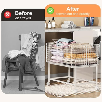 Large Rolling Laundry Basket Cart,Wire Laundry Hamper Cart with Handle and Wheels,White High Laundry Hamper for Laundry Room,Bedroom and Bathroom-120L White (29.5"L*19.7"W*27.95"H inch)