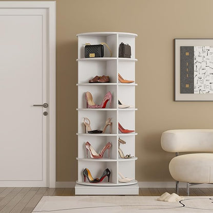 HomVent Rotating Shoe Rack, Wooden 6-Tier Spinning Shoe Rack Tower, Free Standing 360° Revolving Shoe Organizer Shoe Storage Shelf Can Hold Over 24 Pairs Shoes for Entryway Living Room (6-Tier, White)