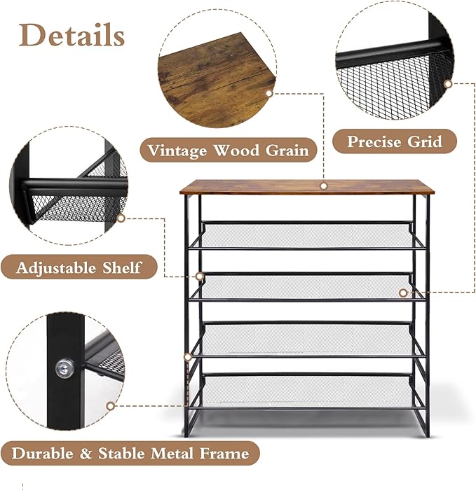 Garden 4 you Shoe Rack for Entryway 5 Tiers 11.8" D x 29" W x 36.5" H, Metal Shoe Rocks with Brown Wooden Tabletop, Angled Shoes Rack with Adjustable Mesh Shelves for Entryway Hallway Closet