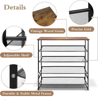 Garden 4 you Shoe Rack for Entryway 5 Tiers 11.8" D x 29" W x 36.5" H, Metal Shoe Rocks with Brown Wooden Tabletop, Angled Shoes Rack with Adjustable Mesh Shelves for Entryway Hallway Closet