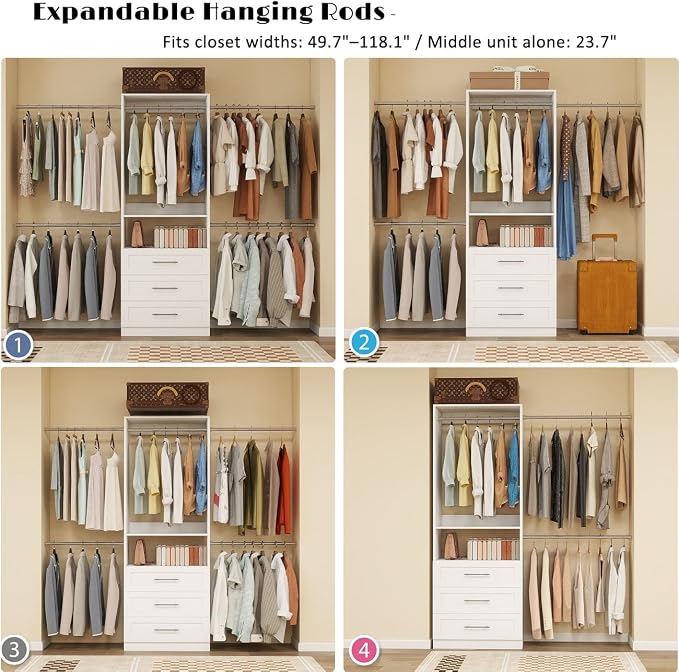 Closet System, 4FT-9FT Closet Organizer System with 3 Wooden Drawers Walk-in Closet Storage System with 5 Expandable Hanging Rods Wall Mount White