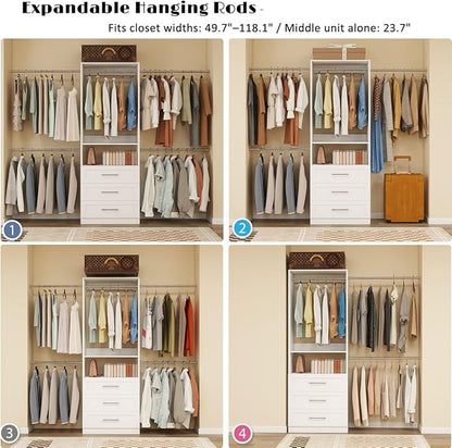 Closet System, 4FT-9FT Closet Organizer System with 3 Wooden Drawers Walk-in Closet Storage System with 5 Expandable Hanging Rods Wall Mount White