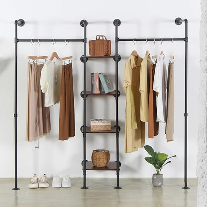 Wall Mounted Industrial Pipe Heavy Duty Clothes Rack, Clothing Rods for Hanging Clothes, Freestanding Clothing Rack with 2 Hang Rods & 4 Shelves, 72.8" W x 17.7" D x 71" H