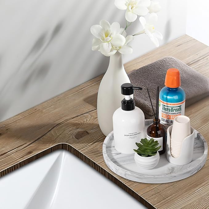 Silicone Bathroom Tray Round Vanity Tray Decorative Soap Holder Kitchen Countertop Organizer Coffee Table Decor for Candle, Perfume, Plant, 11 Inch, Marble Grey