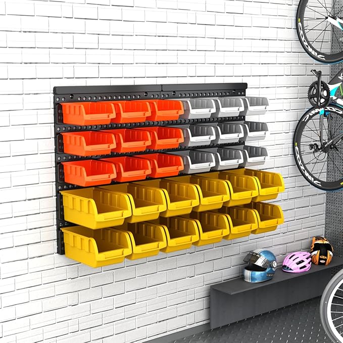 30-Bin Wall Mounted Storage Bins Kit, Tool Organizer Rack, Garage Hardware Organizer, Parts Storage Bins, DIY Combination(Grey & Orange & Yellow Type)