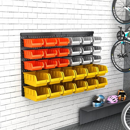 30-Bin Wall Mounted Storage Bins Kit, Tool Organizer Rack, Garage Hardware Organizer, Parts Storage Bins, DIY Combination(Grey & Orange & Yellow Type)