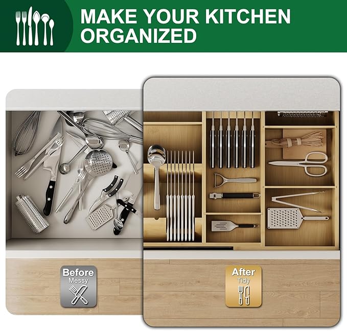 Bamboo Silverware Drawer Organizer, 17.72-29.53 Inch Expandable Large Kitchen Drawer Organizer, 5-8 Slot Flatware with Removable Card Slots & Knife Block for Spoon Butter Knive, Natural
