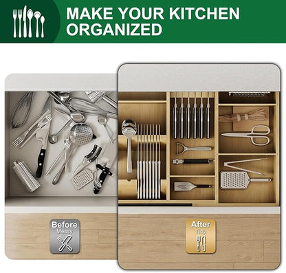 Bamboo Silverware Drawer Organizer, 17.72-29.53 Inch Expandable Large Kitchen Drawer Organizer, 5-8 Slot Flatware with Removable Card Slots & Knife Block for Spoon Butter Knive, Natural