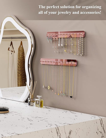NiHome Wall Mount Acrylic Jewelry Organizer 2-Pack, Sleek Rack Strong Carbon Steel Hooks for Dressing Table, Bathroom, Kitchen, Hassle-Free Installation Dual Mounting Options (Rose Gold Mirror Finish)