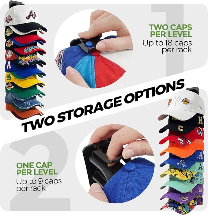 2 Pack Hat Organizer for Baseball Caps, Each Holds 18 Hats (36 Total), Customizable Wall Hat Rack, Adhesive or Screw-in Installation, Space-Saving Cap Holder for Closet & Door,Black