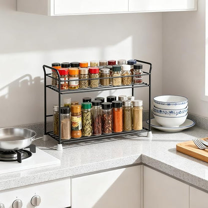 FMOACEN 2 Tier Spice Rack Organizer for Countertop Sturdy Metal Standing Spice Storage Shelf Rack Seasoning Organizer Holder for Home Kitchen Cabinet Bathroom Bedroom Pantry Vanity Black