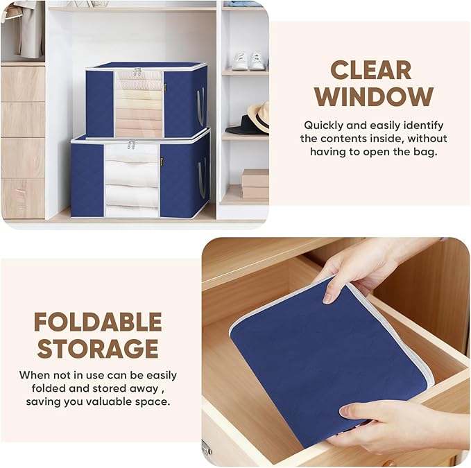 BALEINE 8 Pack Clothes Storage Bags, 16 Gallon Storage Containers with Reinforced Handle, Sturdy Zipper, Closet Organizer for Blanket, Comforter, Pillow, Bedding (Blue, 8 Pack)