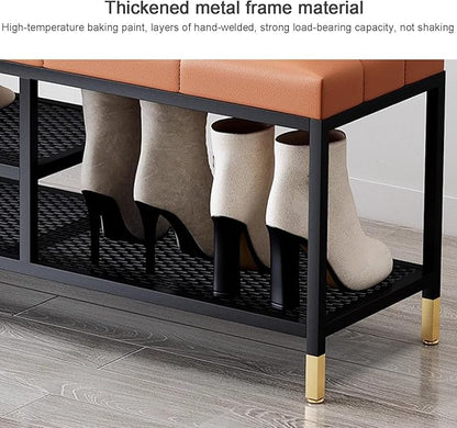 3 Tier Shoe Organizer for Entryway, Shoe Racks with Cushion, Black Metal Frame Hallway Bench for Living Room Bedroom,Gray,60 x 32 x 47 cm