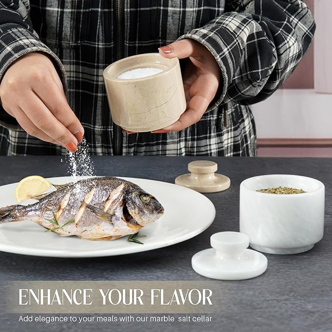 MARBLOUS KRAFTS Marble Salt Cellar with Lid 3" Inch White and Verona Sea Salt, Spices, and Seasonings Storage, Perfect for Kitchen Countertop, Dining Table, and Gift Giving,