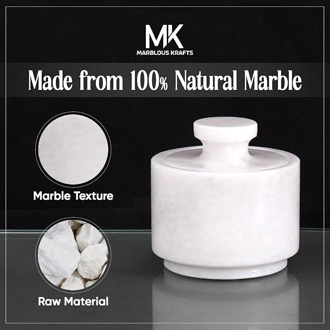MARBLOUS KRAFTS Marble Salt Cellar with Lid 3" Inch White Salt Box, Stone Salt Container & Spice Jars, Stone Salt Holder for Counter, Spice Jar & Salt Jar