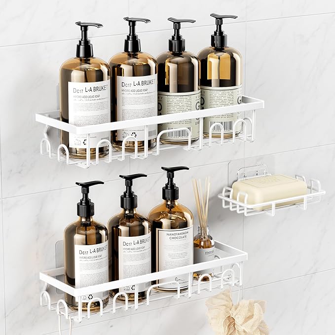 Shower Caddy, 3 Pack Shower Shelves for Inside Bathroom, Rustproof Adhesive Bathroom Organizer with Soap Holder, No Drilling Washroom Organizers and Storage for Bathtub Room/Kitchen/Home, White