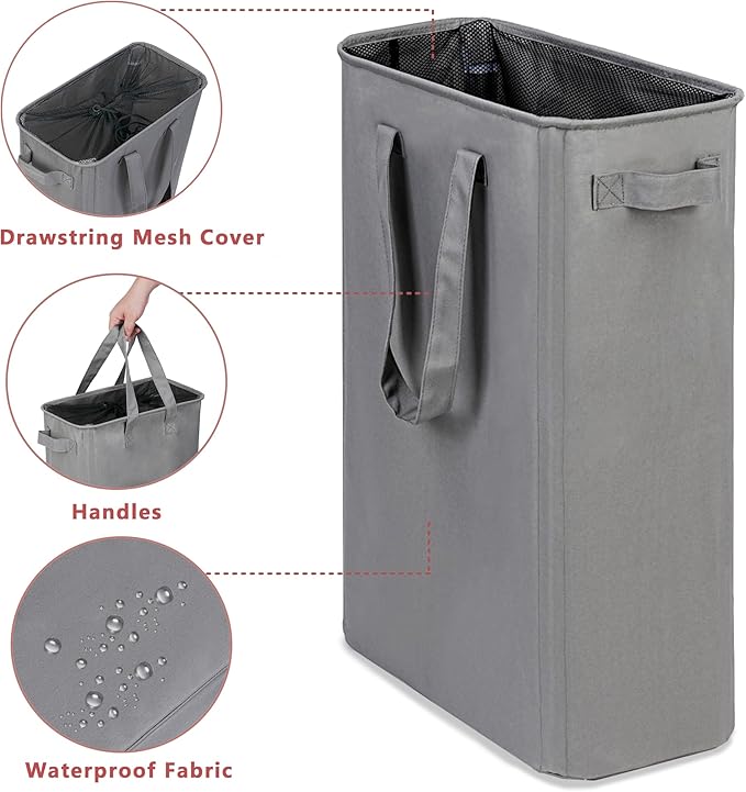 efluky Slim Laundry Basket, Narrow Laundry Hamper with Handles, Collapsible Dirty Clothes Hamper, Tall Laundry Bin for Laundry Room, Dorm and Bedroom, 12.7 Gallons(48L) Grey
