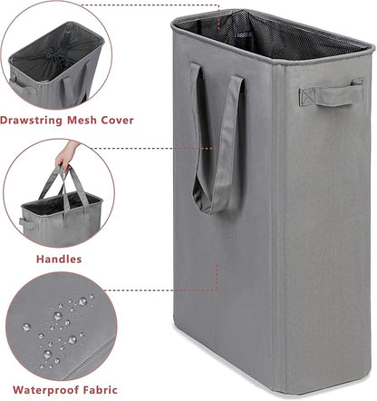 efluky Slim Laundry Basket, Narrow Laundry Hamper with Handles, Collapsible Dirty Clothes Hamper, Tall Laundry Bin for Laundry Room, Dorm and Bedroom, 12.7 Gallons(48L) Grey