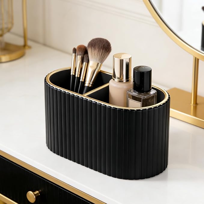 KINGFOM Makeup Brush Holder Organizer with Divider, PU Leather Vanity Brush Holder for Bathroom Countertop & Dressing Table, Cosmetic Desktop Storage Caddy for Makeup Tools Oval (Black)