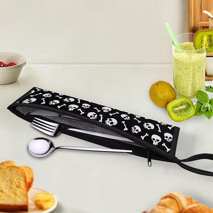 COEQINE Skull Portable Utensils Case Black Halloween Decoration Kitchen Decoration Foldable Cutlery Pouch Chopsticks Pouch With Zipper for Travel