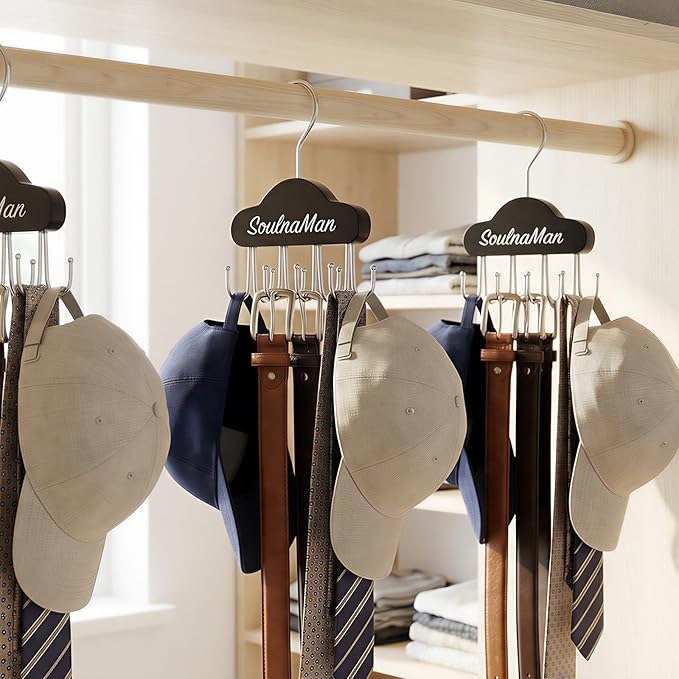 Belt Organizer, 2 PCS Belt Hanger for Closet, Tie Organizer for Men, Rotatable Sturdy Shirt Hangers with 8 Hooks, Tie Rack for Belt, Bra, Tank Top, Hat, Purse, Black