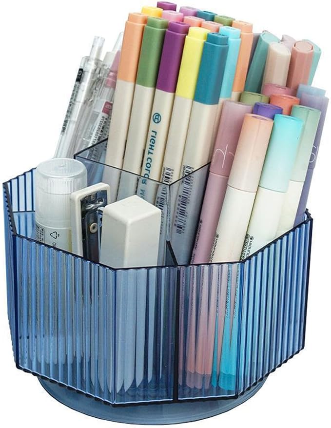 LINFIDITE 360°Rotating Makeup Organizer Holder Cosmetic Display Case Clear Makeup Brush Lip Gloss Organizer Case with 5 Slots Round Turntable Storage Tray for Vanity, Bathroom, Counter Organizer Blue
