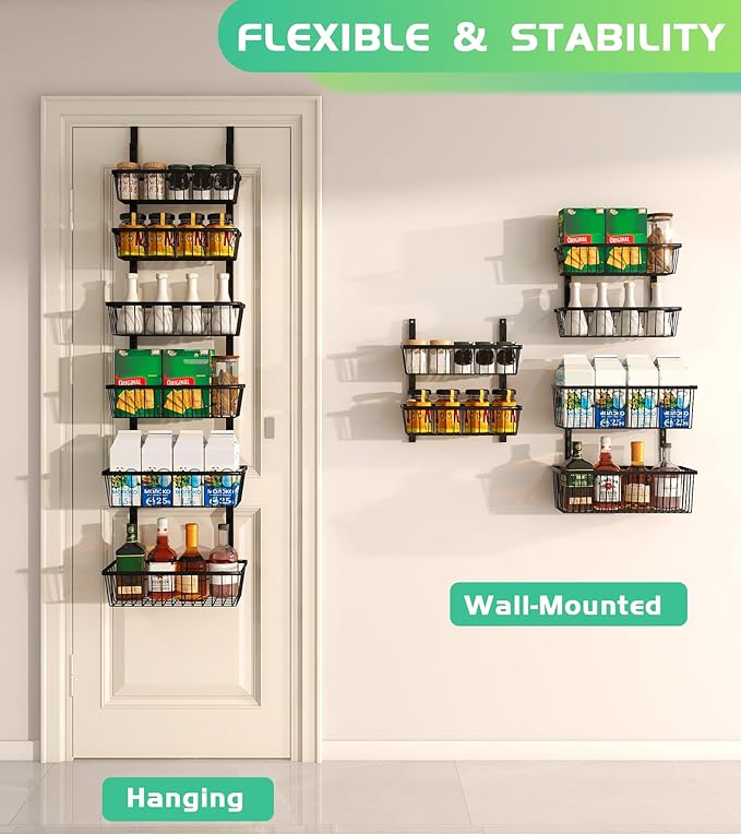 Mefirt 12 Inch Wide Narrow Over The Door Pantry Organizer, Pantry Organization and Storage, Black Metal Hanging Deep Basket Wall Spice Rack Seasoning Shelves, Home & Kitchen Essentials, Apartment