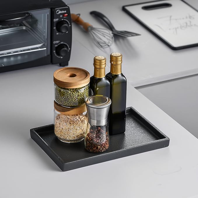 Ceramic Bathroom Sink Tray, Black Graininess Vanity Tray Decor Perfume Trays for Dresser Holder for Jewelry Candle Soap Plant Towel Cosmetic Organizer Rectangle Large