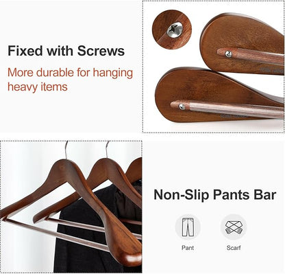 TOPIA HANGER Wide Shoulder Wooden Hangers, Suit Hangers with Non Slip Pants Bar & 360° Swivel Hook, Solid Wood Heavy Duty Coat Hanger, 6 Pack (Walnut)-CT02WA