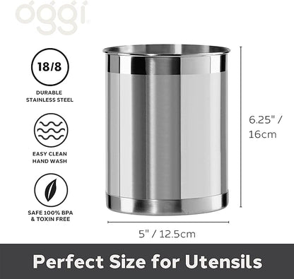 Oggi Stainless Steel Utensil Holder - 5" Diameter, Utensil Caddy, Weighted Base for Stability - Larger-Sized Utensil Crock and Countertop Utensil Organizer, Stainless Steel