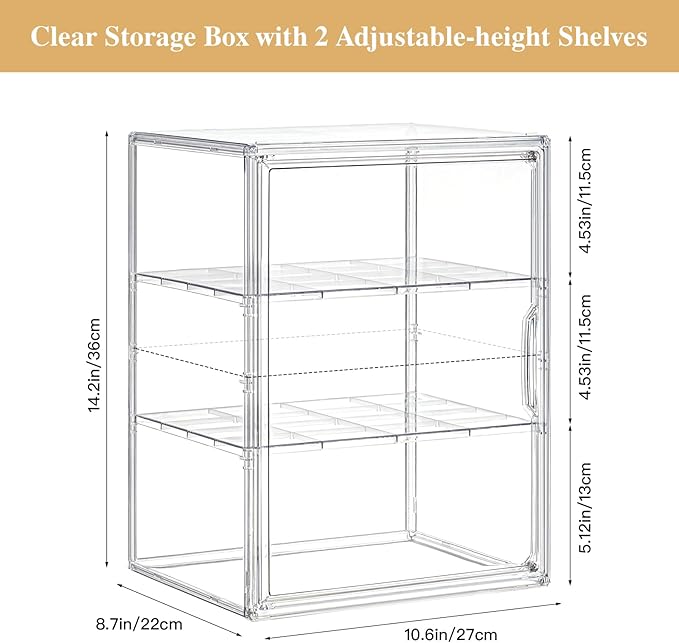 Large Clear Acrylic Display Case Compatible with Labubu POP MART Storage Bin for Collectibles with 2 Removable Shelves and Magnetic Door Display Organizer Box for Anime Figures, Dolls
