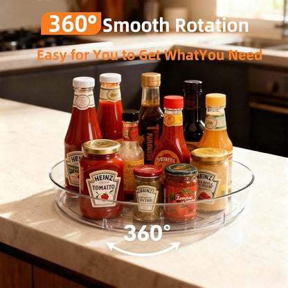 2 Pack Lazy Susan 10 inch Turntable for Spice Organization | Clear BPA-Free Plastic Rotating Organizer for Kitchen Cabinet, Pantry, Countertop, Fridge | 360-Degree Rotating Base