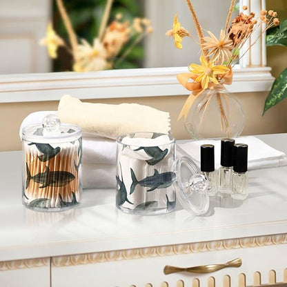2 Pack Watercolor Sharks Apothecary Jars with Lid, Qtip Holder Storage Jars for Cotton Ball, Cotton Swab, Cotton Round Pads, Clear Plastic Canisters for Bathroom Vanity Organization (10 Oz)