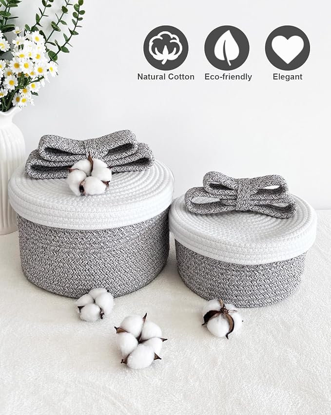 Decorative Storage Baskets with Lids, Small Woven Rope Basket with Lid, Decorative Basket for Home Decor, Dog Toy Storage Baskets with Cute Bow Handle, grayish-brown
