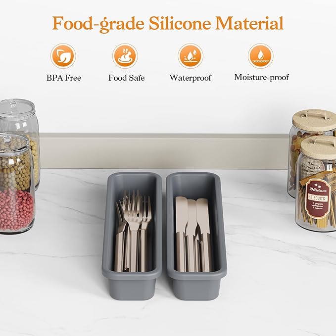 2 Pack Silicone Silverware Organizer, DIY Free Combination Utensil Drawer Organizer, Silverware Drawer Organizer, Flatware Cutlery Tray for Spoons Forks, Anti-slip Design (Grey)