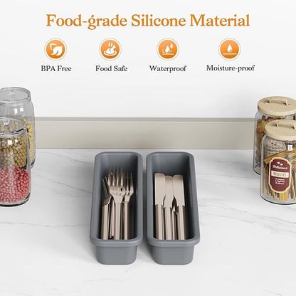 2 Pack Silicone Silverware Organizer, DIY Free Combination Utensil Drawer Organizer, Silverware Drawer Organizer, Flatware Cutlery Tray for Spoons Forks, Anti-slip Design (Grey)
