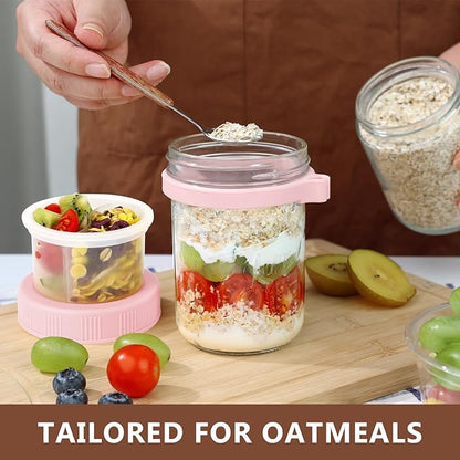 OcePor 6 Pack Overnight Oats Containers with Lids and Spoons, 16 oz Glass Mason Overnight Oats Jars with Removable Separate Compartments, Large Capacity Airtight Jars for Milk, Cereal, Fruit (Pink)