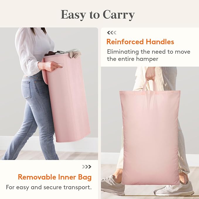 Lifewit Slim Laundry Basket with Lid, Narrow Large Laundry Hamper with Plastic Handles and Removable Bag, Tall Foldable Dirty Clothes Hampers for Laundry Room, Bedroom, Bathroom, Dorm, 75L Pink