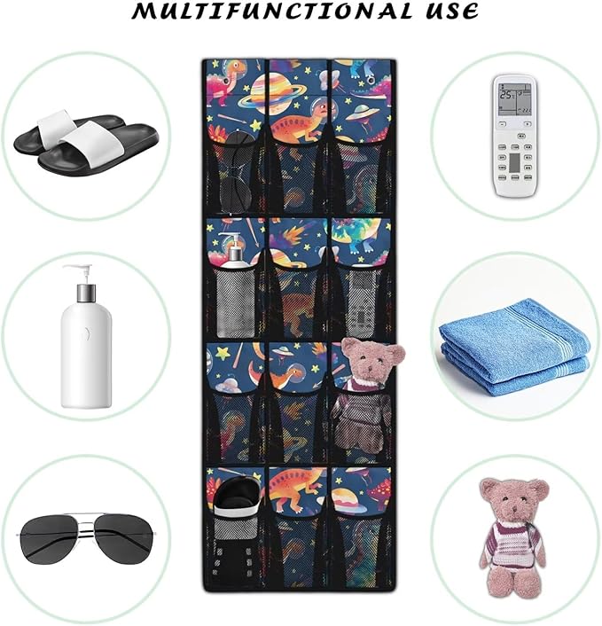 Dinosaurs Over the Door Shoe Organizer Space Saving Hanging Shoe Rack Holder with 12 Pockets Large Capacity Behind the Door Storage for Classrooms, Bedrooms, Dormitories
