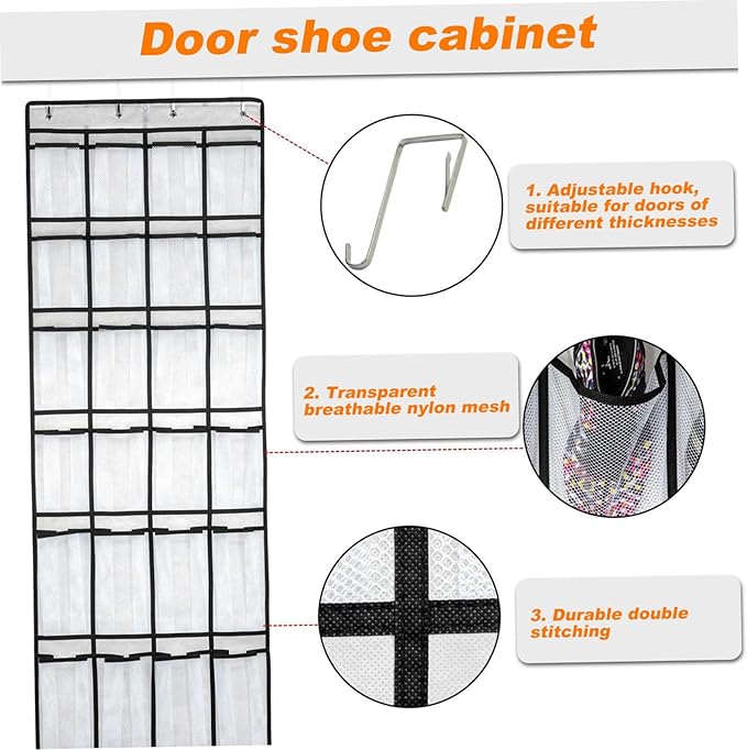 Over the Door Shoe Organizer, 24 Pocket Breathable Mesh Hanging Shoe Organizer, Up to 40 Pounds Non Slip Holder, Sturdy over the Door Storage Fits for Size 13 Shoes 59x21