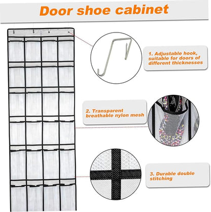 Over the Door Shoe Organizer, 24 Pocket Breathable Mesh Hanging Shoe Organizer, Up to 40 Pounds Non Slip Holder, Sturdy over the Door Storage Fits for Size 13 Shoes 59x21