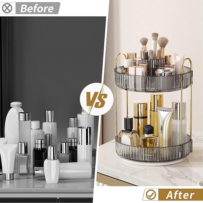 360° Rotating Makeup Organizer, Large-Capacity Skincare Make Up Storage 2 Tier Perfume Organizers Cosmetic Dresser Organizer with Makeup Brush Holder, Fits Bedroom, Bathroom, Vanity Shelf Countertop