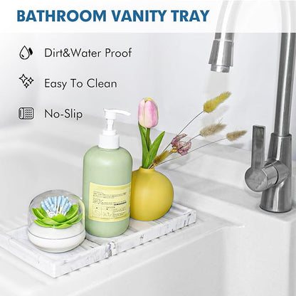 Bloss Small Bathroom Vanity Tray with Soap Dish, 8 x 4 inch Silicone Marble Tray for Kitchen Counter,Toilet Tank Storage,Perfume Trays for Dresser, Jewelry, Candle, Key